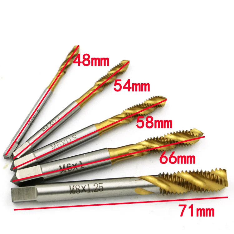 Rosca de tornillo HSS recubierta de Titanio, Kit de roscado de máquina estriada en espiral métrica, M3, M4, M5, M6, M8, novedad, 5 uds.