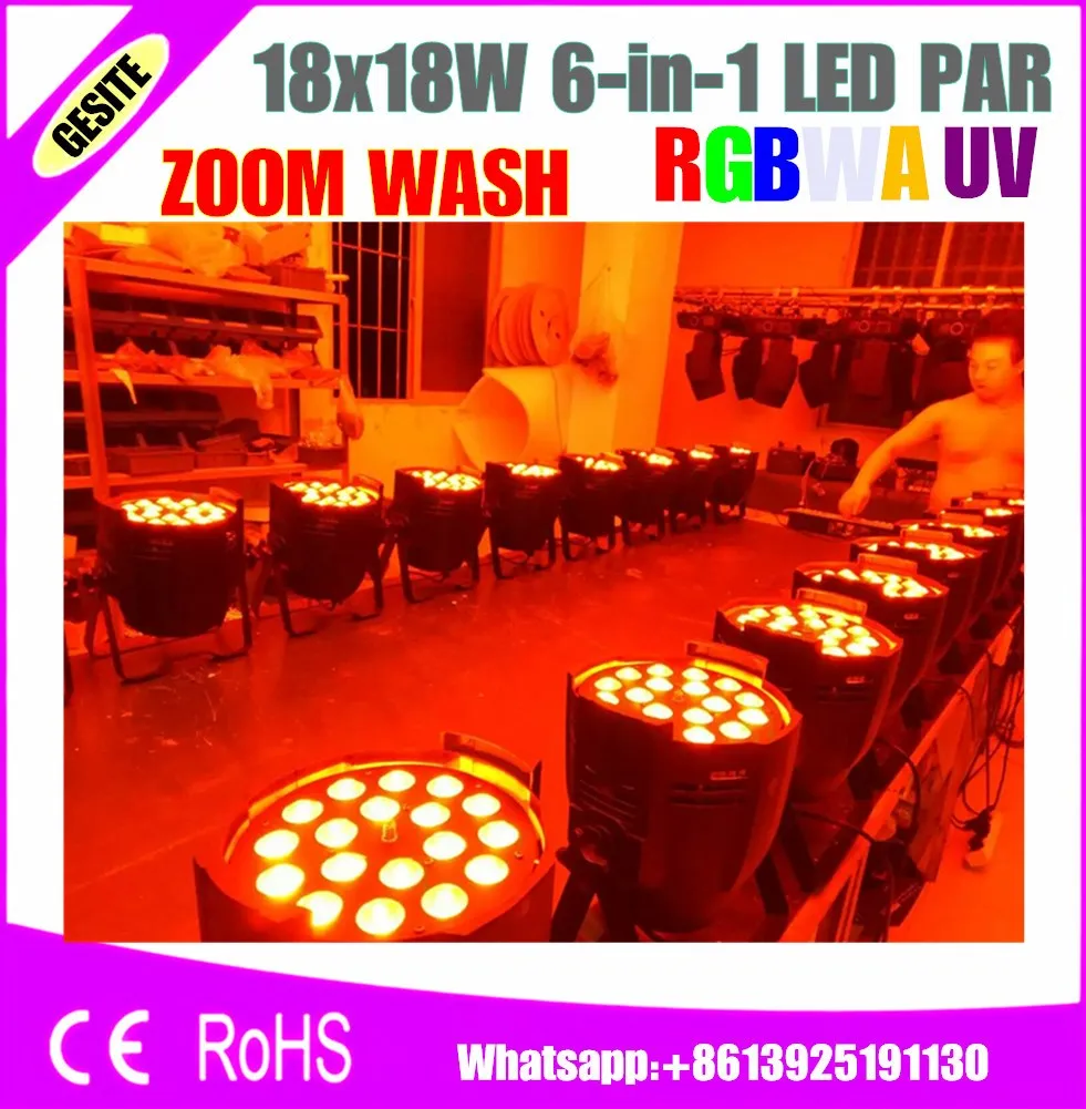 4pcs/lot 18*18W dmx led par wash zoom indoor 6in1 rgbwa uv 18x18 w led par can