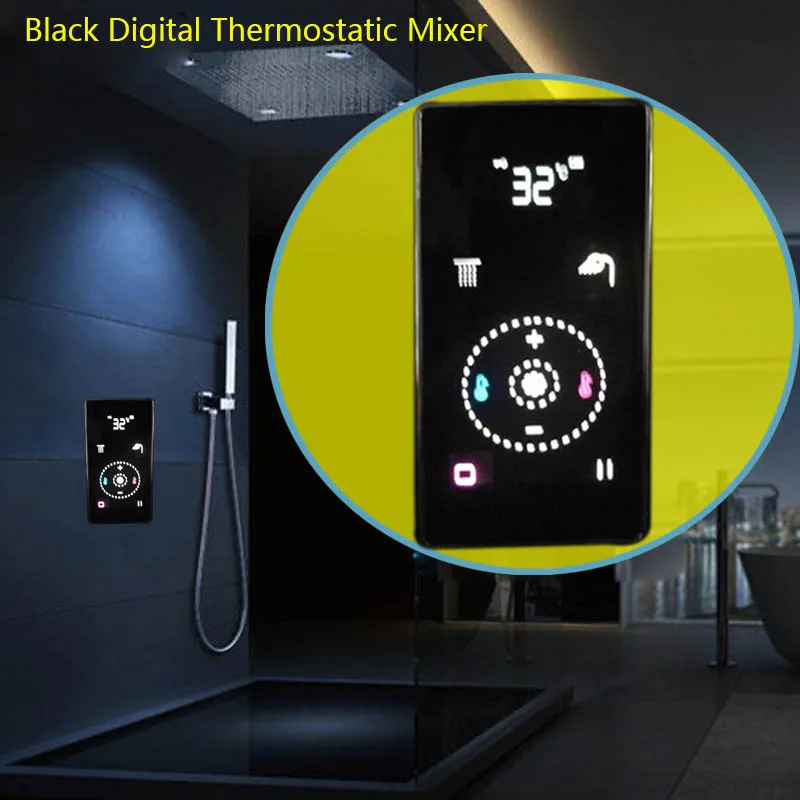 Digital Black LED Shower Controller Thermostat LCD Mixing Valve 2/3 Jet Blacked Shower Panel Faucet Bathroom Smart Display Mixer