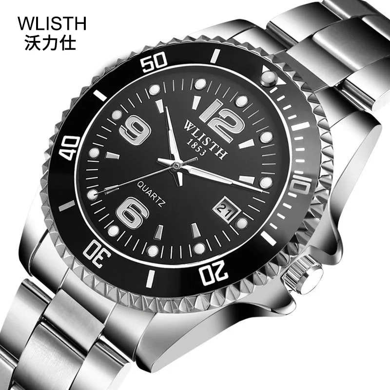 Fashion Brand WLISTH Quartz Calendar Digital Male Casual Man Clock Black Stainless Steel & Leather Water Resistant Luxury Watch