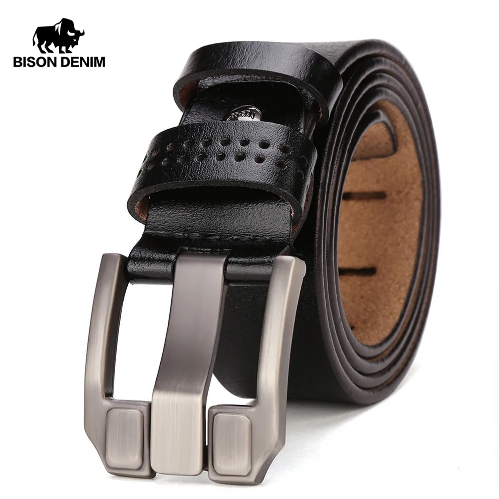 BISON DENIM Men\'s Genuine Leather Belts High Quality Retro Pin Buckle Belts For Father Husband Friends Waistband Strap For Jeans