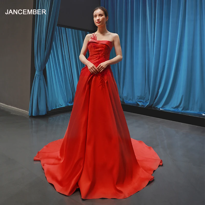 

J66781 jancember red wedding party dress brush train illusion o neck sleeveless lace satin engagement dress robe de fiancailles