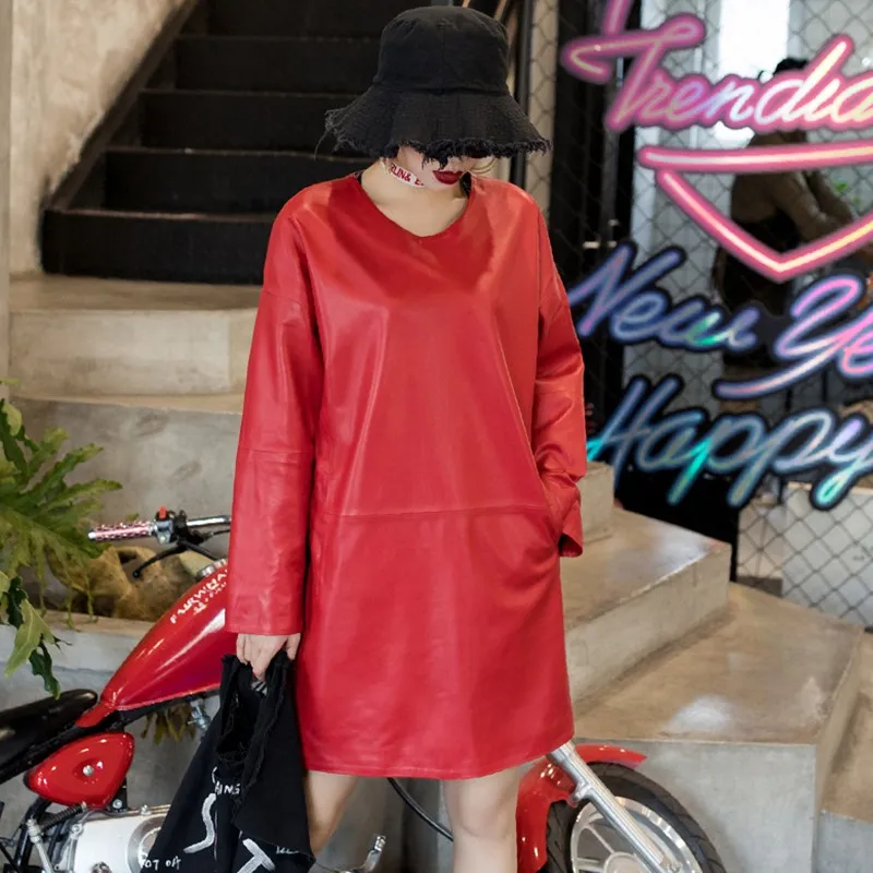 Loose Casual Genuine Leather Dresses Women Black Red Spring Ladies Long Sleeve O-Neck Solid Sheepskin Sexy Leather Dress