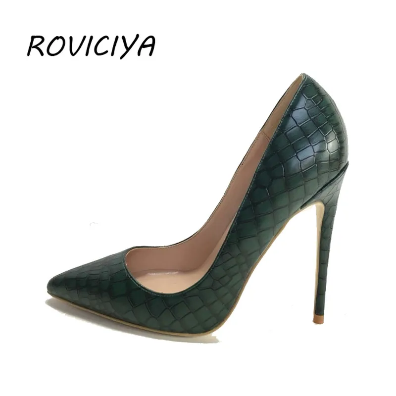 Dark Green PU Leather Women's Shoes 12cm High Heel Sexy Pumps Women Shoes plus size 34-45 YG002 ROVICIYA