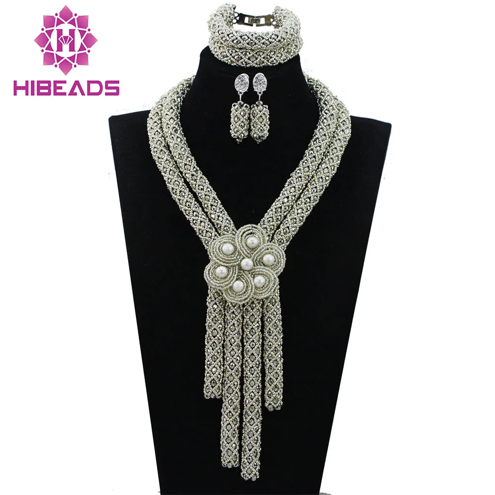 

New Trendy Silver African Beads Jewelry Set Flower Brooch Nigerian Necklace Set 2017 Anniversary Gift Beads Free Shipping ABL903