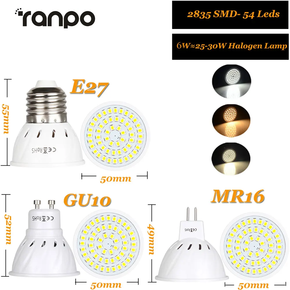 LED Spotlight GU10 E27 MR16โคมไฟLed 4W 6W 8W 2835SMD AC/DC 12V 24V V 36Leds 54Leds 72LedsหลอดไฟLED Lampara Spot Light