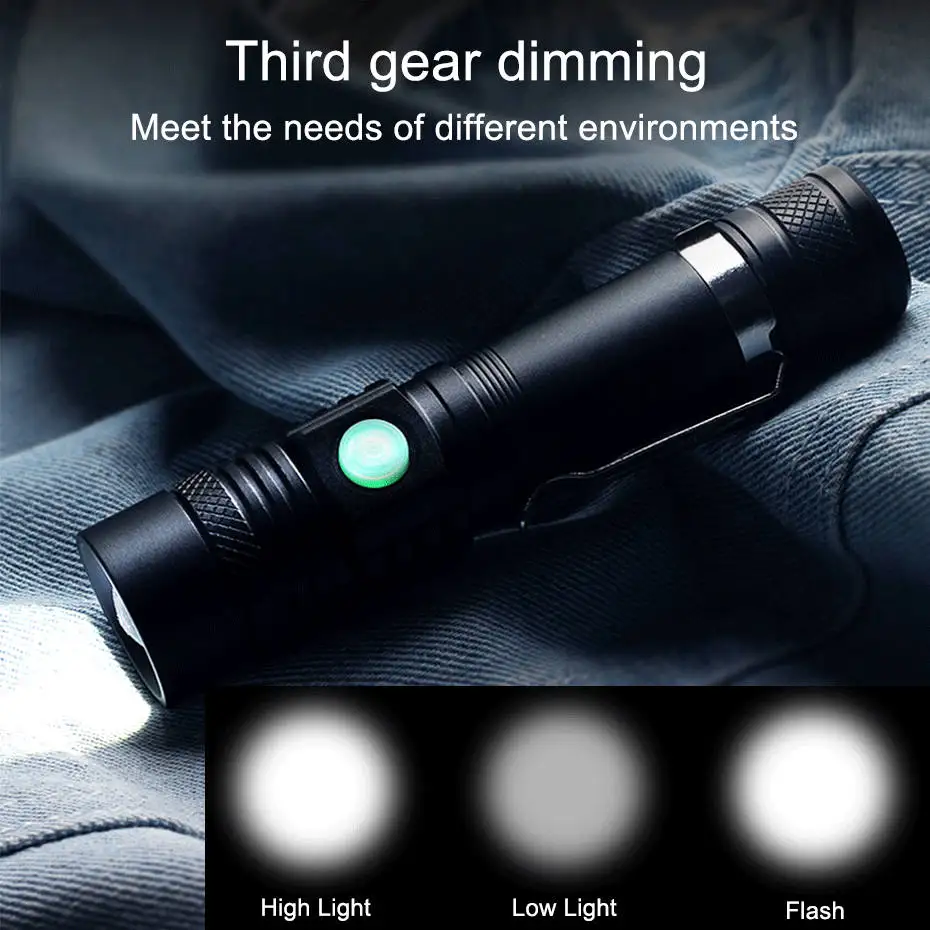 USB Highlight Handy Powerful Alloy Flashlight T6 Power Tips Aluminum Waterproof Zoomable Mini Flashlight 18650 Rechargeable