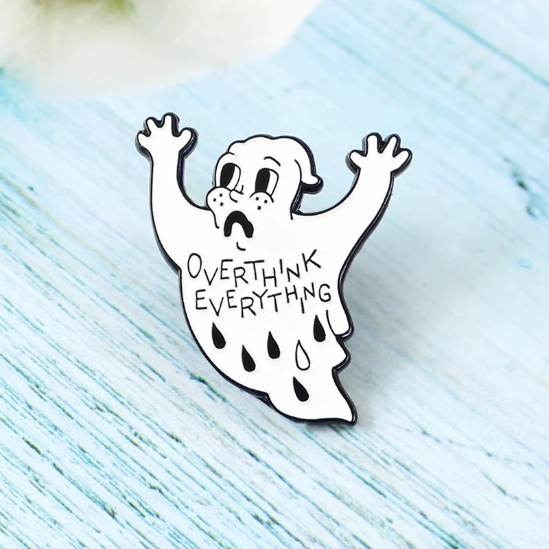 Gothic White Ghost Brooch Over-thinking Anxious Crying Devil Enamel Pin Men and Women Coat Collar Lapel Badge Fun Punk Jewelry