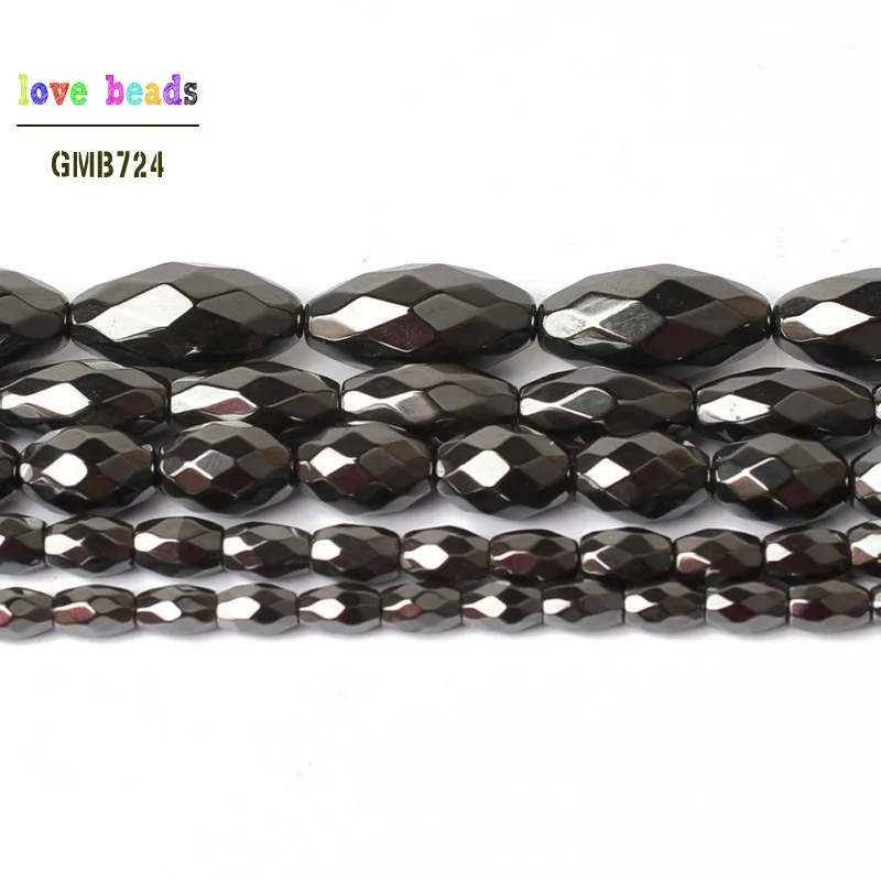 Natural Faceted Black Hematite Rice Shape Loose Beads for Jewelry Making Bracelet Healing Power 15\'\' 3x5/4x6/6x9/6x12/8x16mm