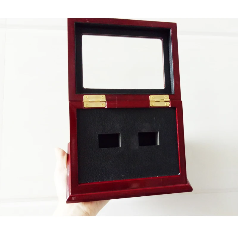 

New 2 Holes Standing Red Wooden Box For Championship Rings Display Wholesale