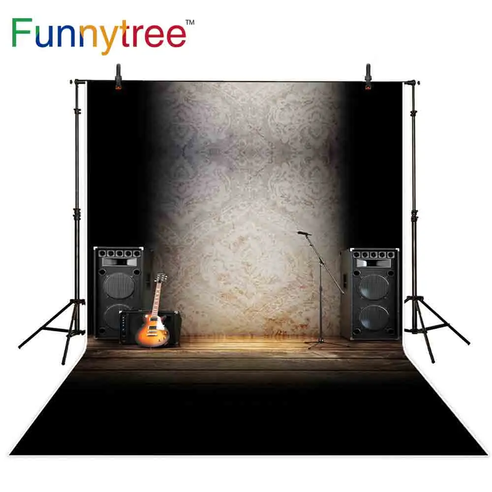 Funnytree music theme backdrop for photo studio wood damask vintage guitar sound microphone professional background photocall