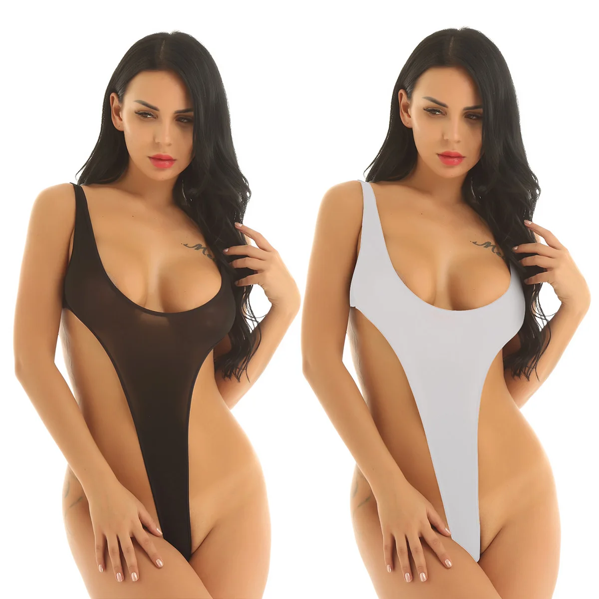 TiaoBug Women Silky See Through Sheer Erotic Lingerie Sleeveless High Cut Monokini Swimsuit Costume Thong Leotard Sexy Bodysuit