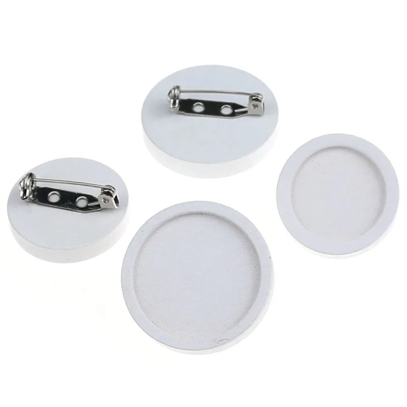 white 10pcs blank wood cabochon brooch base settings 25mm dia round bezel tray diy stainless steel pin backs for jewelry making