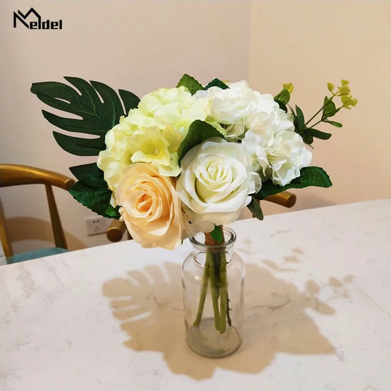 Meldel Bride Wedding Bouquet Bridesmaid Rose Hydrangea Bouquet Artificial Silk Flower Tropical Palm Leaves Home Wedding Supplies