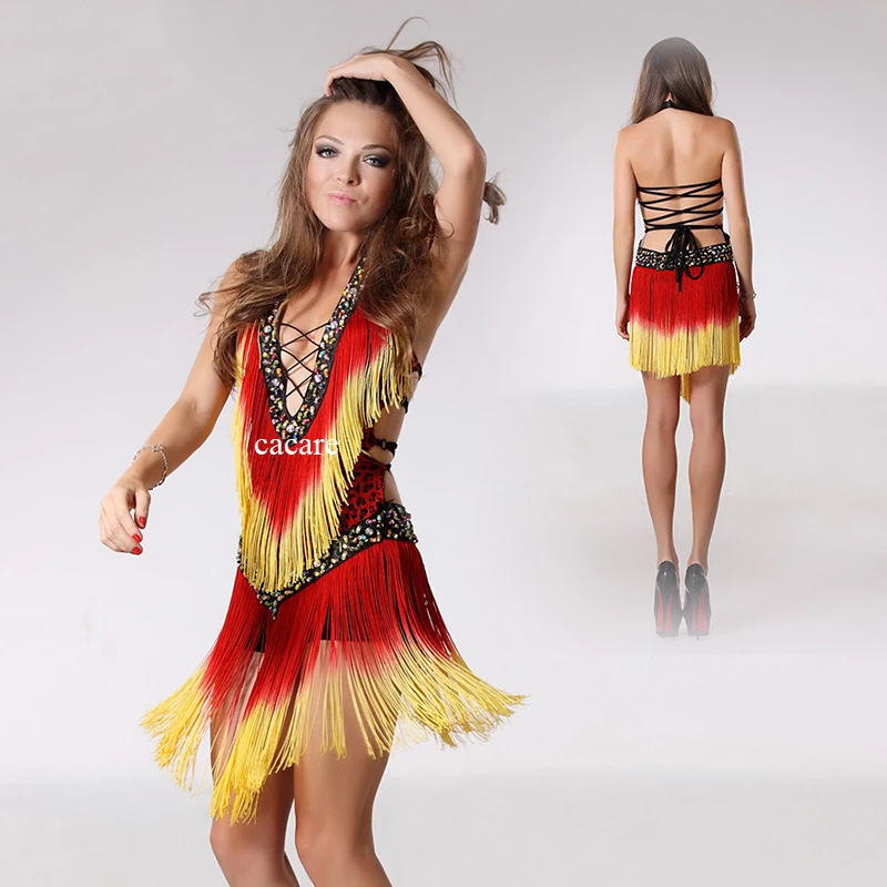 Sexy Latin Dance Dress Women Samba Salsa Tango Dance Dress Flapper 0046 with Sequins Beads Tassels Backless - CACARE