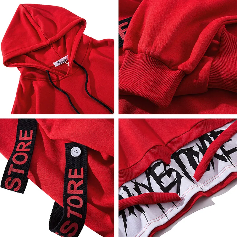Hoodies Men Fake 2 Pieces Ribbons Hooded High Street Pullover Sweatshirt Men Fashion Hip Hop Streetwear Hoodie Spring Autumn
