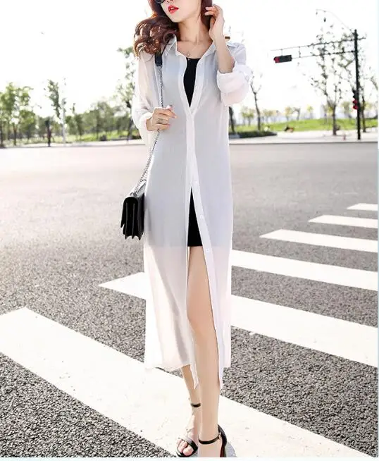 

Long sun protection thin Trench Coats Women summer thin cardigan jacket chiffon outer beach shawls seaside resort Waipi manteau