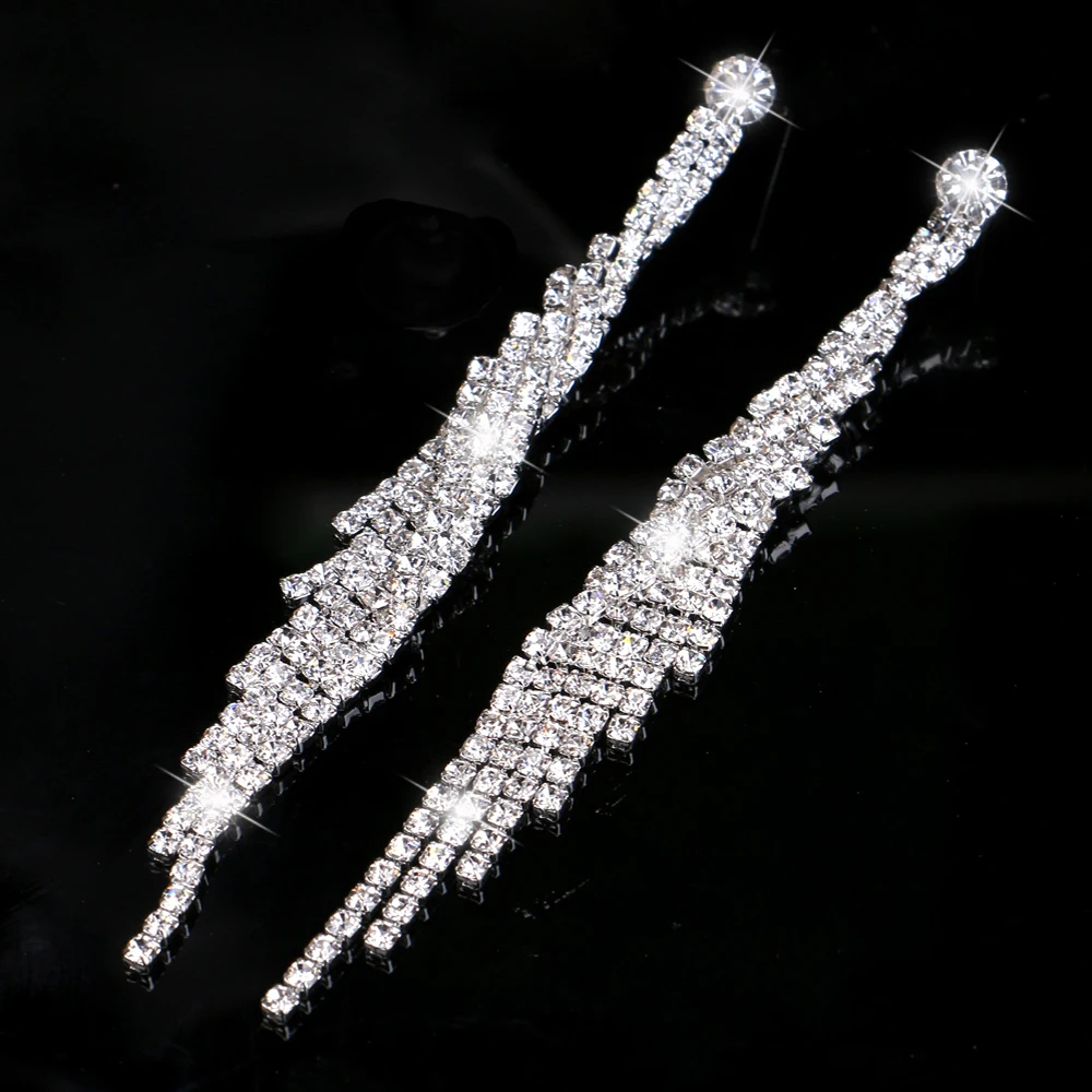 TREAZY Crystal Bridal Tassel Long Earrings Sparkly Silver Color Rhinestone Dangle Earrings For Women Wedding Prom Jewelry