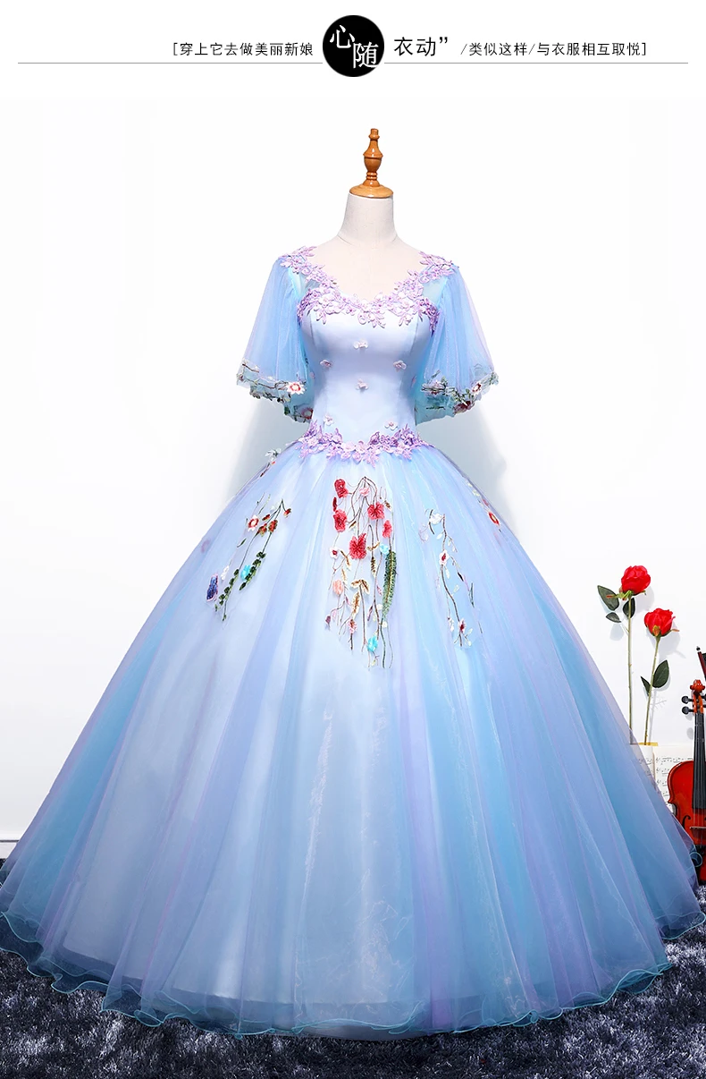 100%real light blue butterfly sleeve embroidery royal court medieval dress queen Renaissance ball gown princess Victorian/Marie