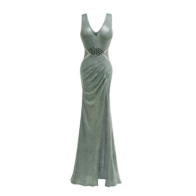 New Sexy Long-style Mermaid Banquet Party Dress Sexy V-neck Sleeveless Evening Dress Slim Elegant Evening Dresses Beaded