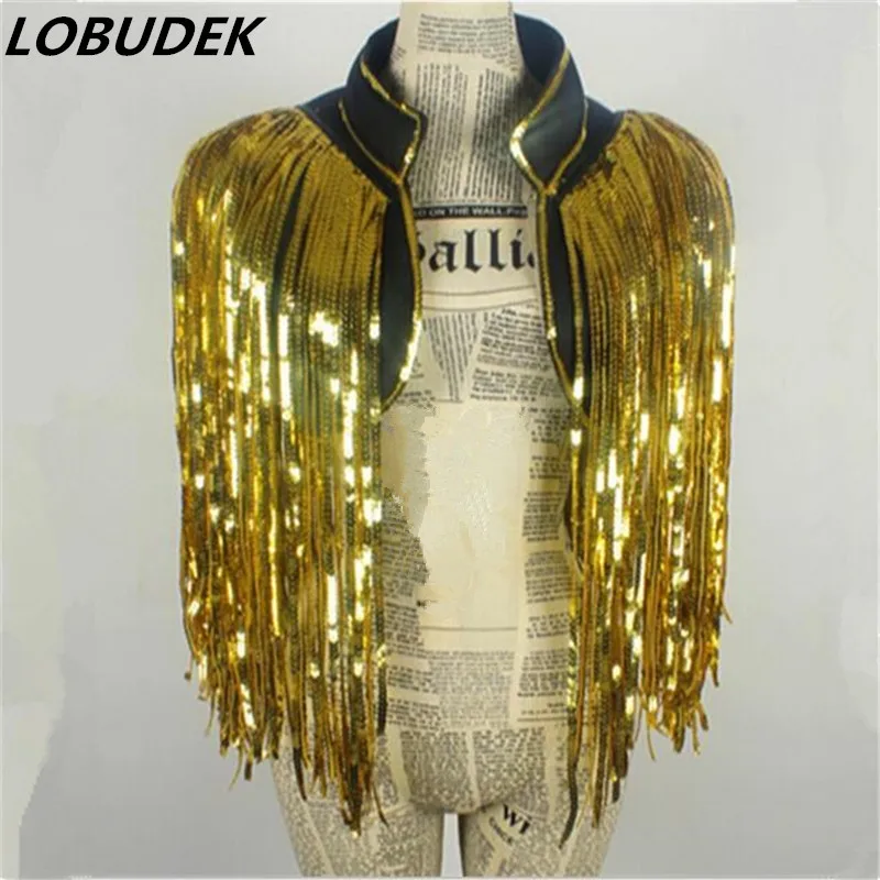 Women Gold Tassels Sequins Vest Waistcoat DS Costumes Dance Christmas Singer Dancer Stage Performance Bar Party Fringes Armors