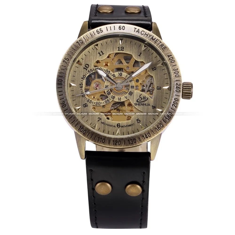 Shenhua Brand Vintage Bronze Automatic Skeleton Mechanical watches Men Analog Leather Wrist Watch Casual Watch ErkekKol Saati