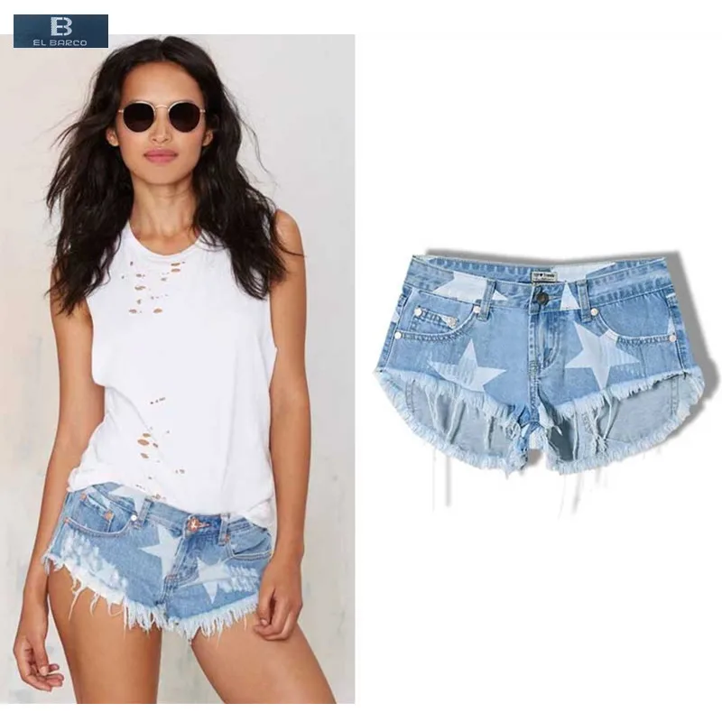 El barco-shorts jeans curtos com estampa de estrelas para mulheres, shorts sexy de algodão, com bolsos, azul claro, moda, verão