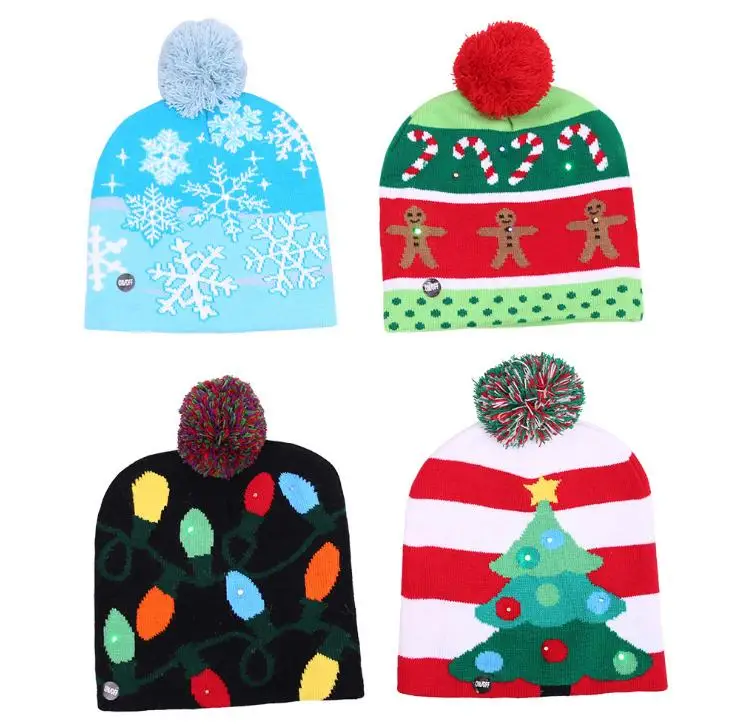 LED Christmas knitted Hat Scarf kid Adults Santa Claus Snowman Reindeer Elk Festivals Hats Xmas Party Gifts Cap SN1761