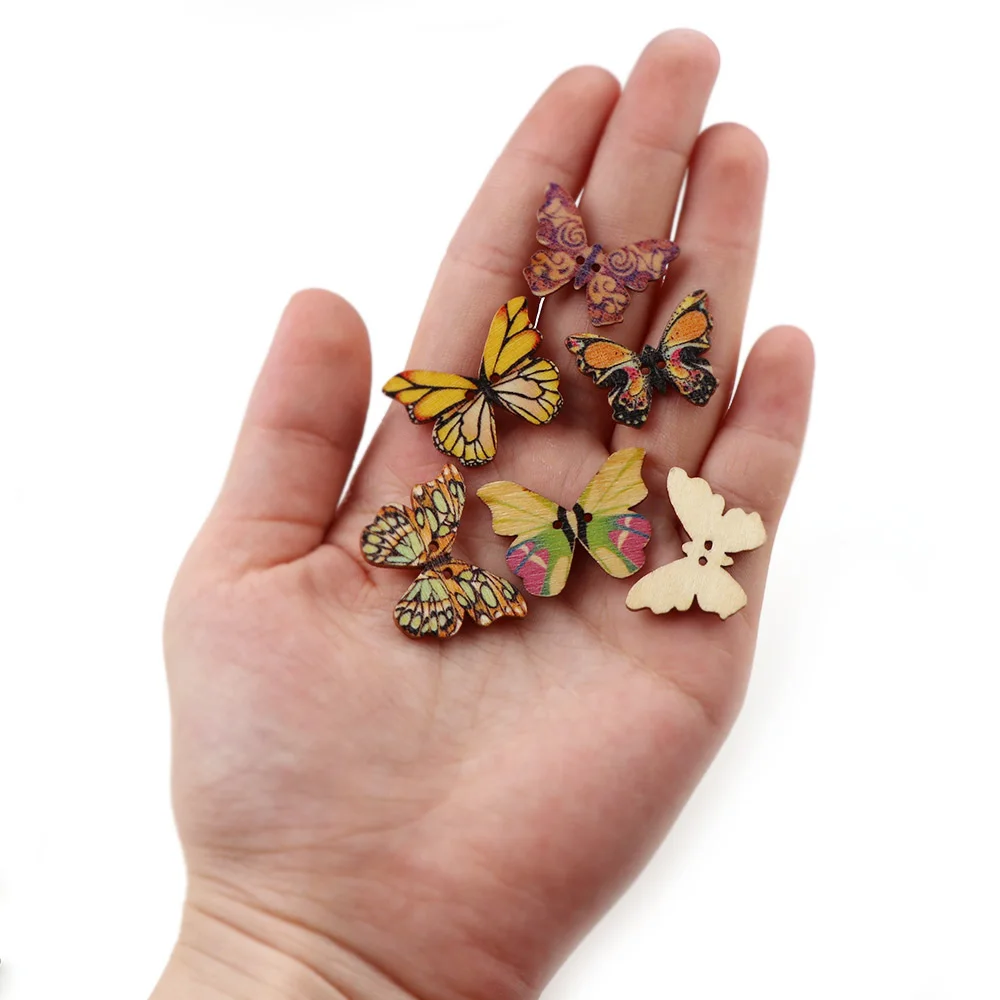 50Pcs/set Colorful Butterfly Wooden Buttons Fit Sewing And Scrapbook Sewing 2 Holes Buttons For Craft DIY Mixed Accessories