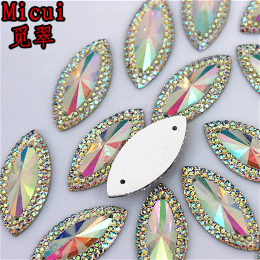 Micui 50pcs 11*24mm Dual color Horse eye Resin Rhinestone Crystal Flat Back Beads Sew On For DIY Wedding Decoration ZZ533