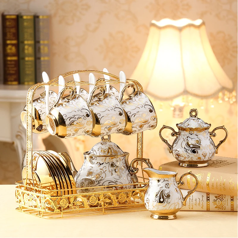 Europe coffee cups set Golden decal parrten British  Porcelain Tea Set Ceramic Pot teapot set coffee cup Afternoon tea party