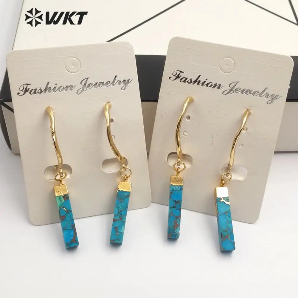 WT-E550 WKT Gold Electroplated Rectangle Cylindrical Blue Vein Turquoises  Earrings Women Fashion Earrings Jewelry