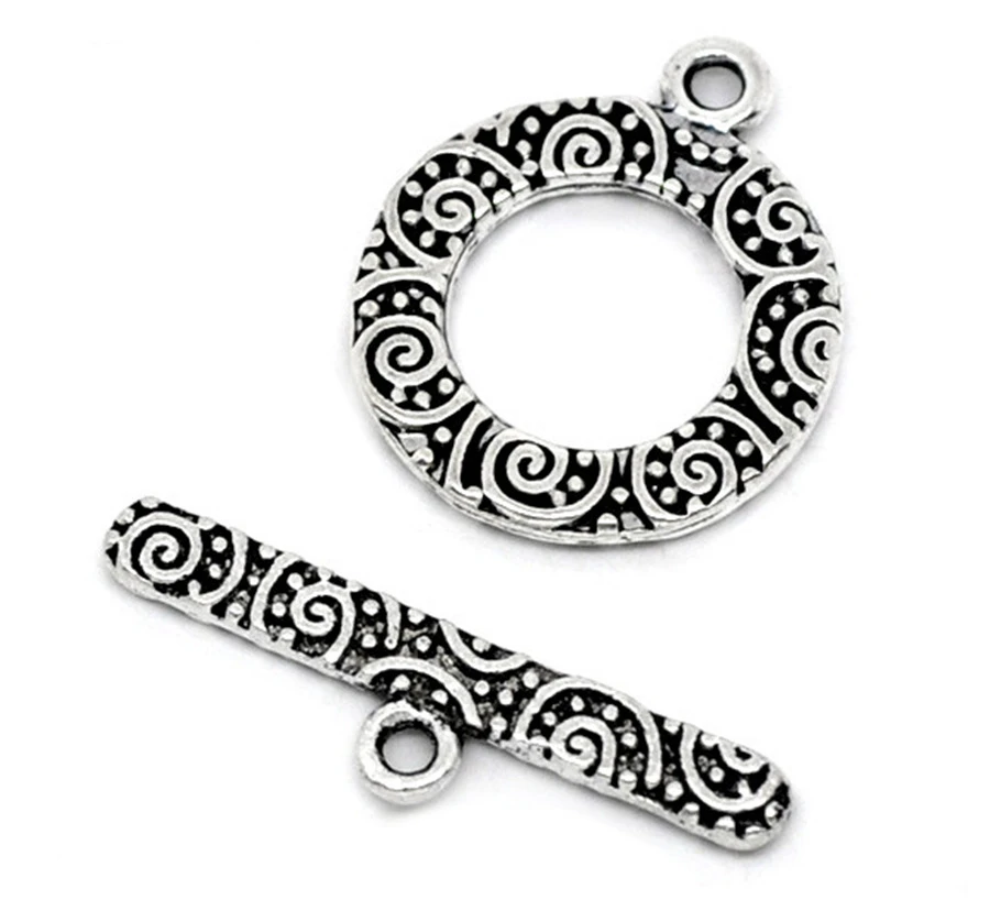 DoreenBeads przetyczka klamry ze stopu cynku okrągły antyczny srebrny kolorowy wzór biżuteria 19mm x 16mm(6/8 "x5/8")24mm x 6mm(1 "x2/8"),3 zestawy