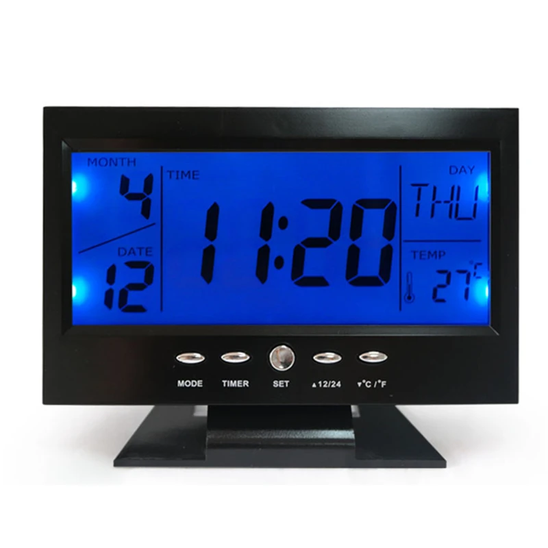 

Alarm Clock Blue Backlight Voice Control Digital Temperature Display Black LED Calendar Thermometer Snooze Alarm Desk Clock