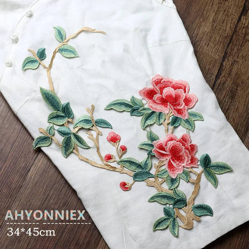 

45CM Embroidered Peony Flower Patches DIY Clothing Decoration Sew On National Dancing Dress Patch