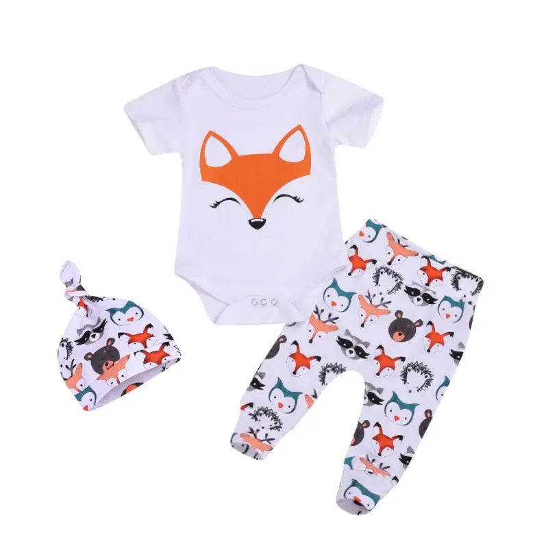 Newborn Kids Fashion Fox Print Sunsuit Set Cotton Baby Girl Boy Infant 3Pcs Summer Clothes Romper Top Pants Hats Outfit Set