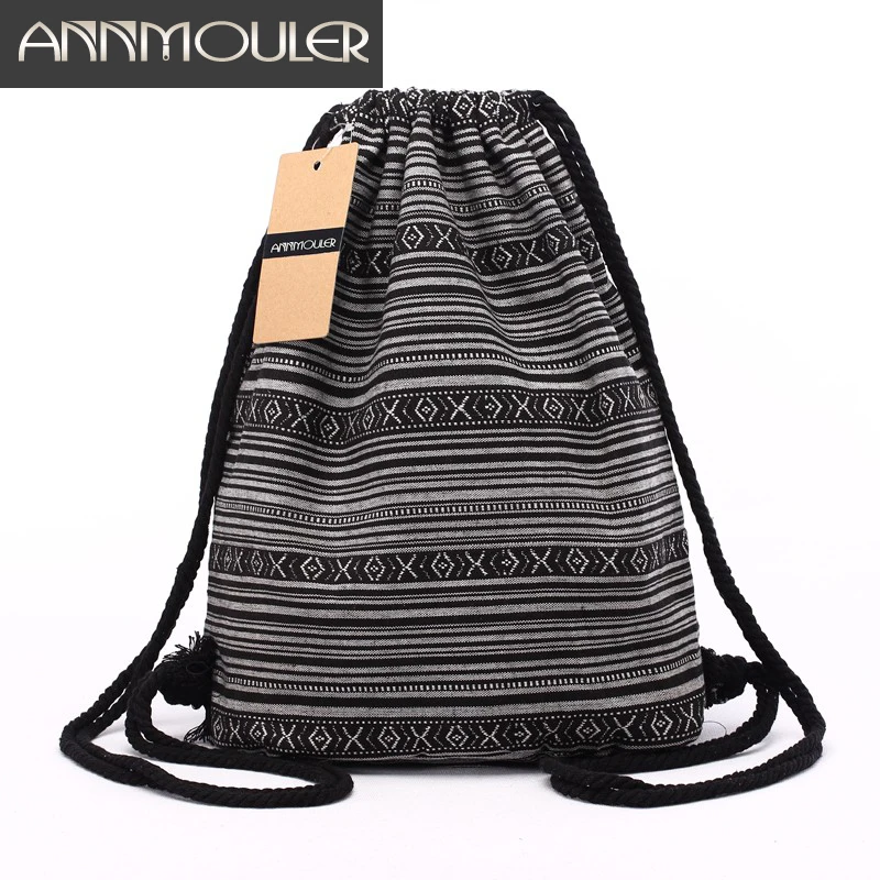 Annmouler Women Backpacks Large Capacity Shoulder Bag Bohemian Style Tribal Drawstring Rucksack 20 Colors Cotton Daypack Hobo