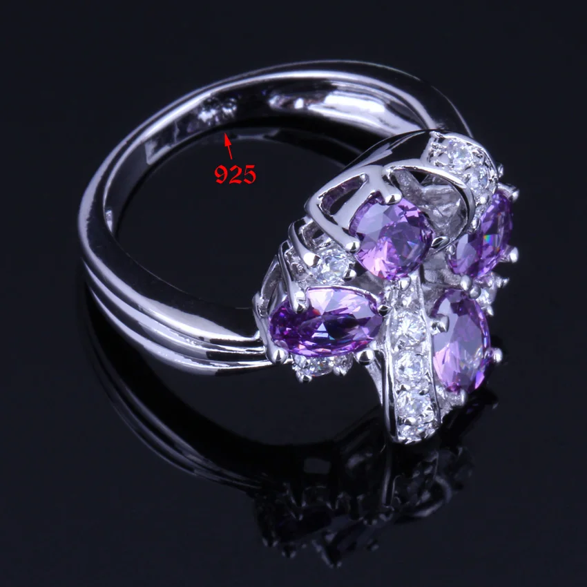 Impressive Plant Purple Cubic Zirconia White CZ Silver Plated Ring V0142