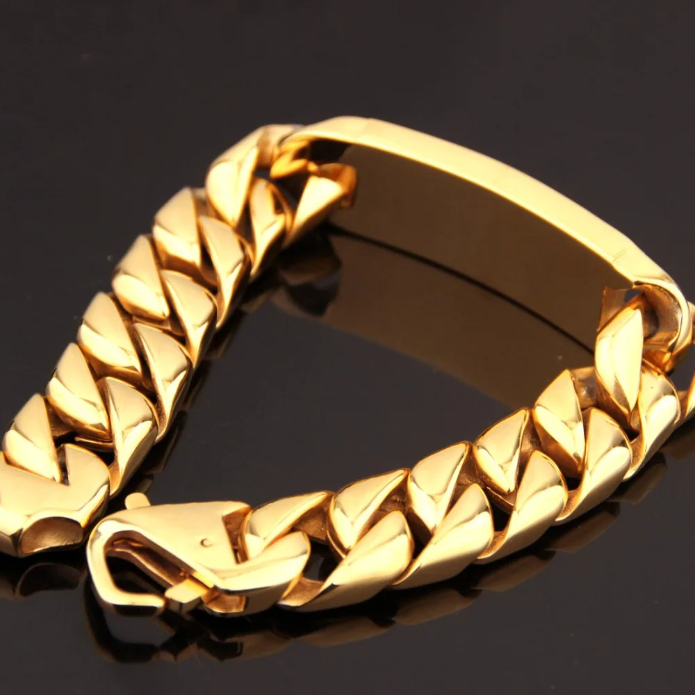 Birthday Gift New 316L Stainless Steel Gold Color Smooth ID Cuban Curb Miami Link Chain Mens Male Bracelet Wristband 8.66\