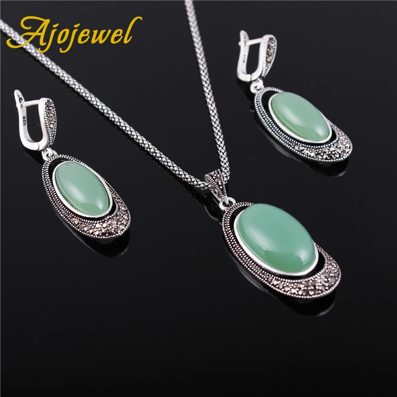 Ajojewel Delicate Green Opal Stone Retro Jewelry Sets Vintage Earrings Necklace Women Costume Jewelry Accessories