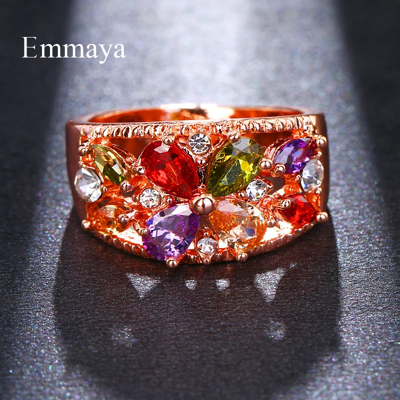 Emmaya Fashion Crystal Rings Rose Gold Color Multicolor Cubic Zircon Wedding Ring For Women Fashion Jewelry Ring