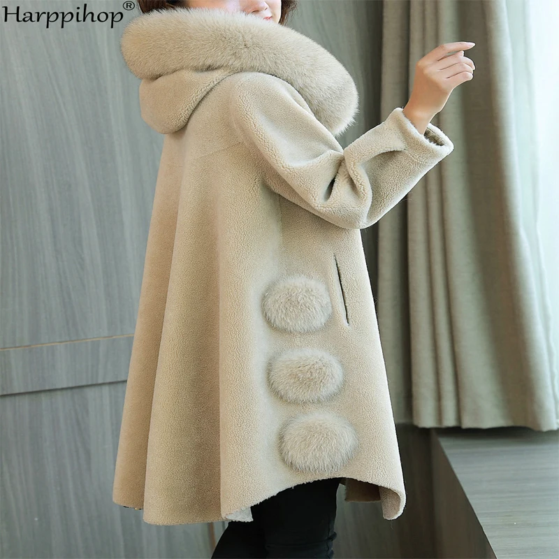 

Bronzing granule sheep shearing fur wool coat female long section 2019 new winter fox fur hooded jacket