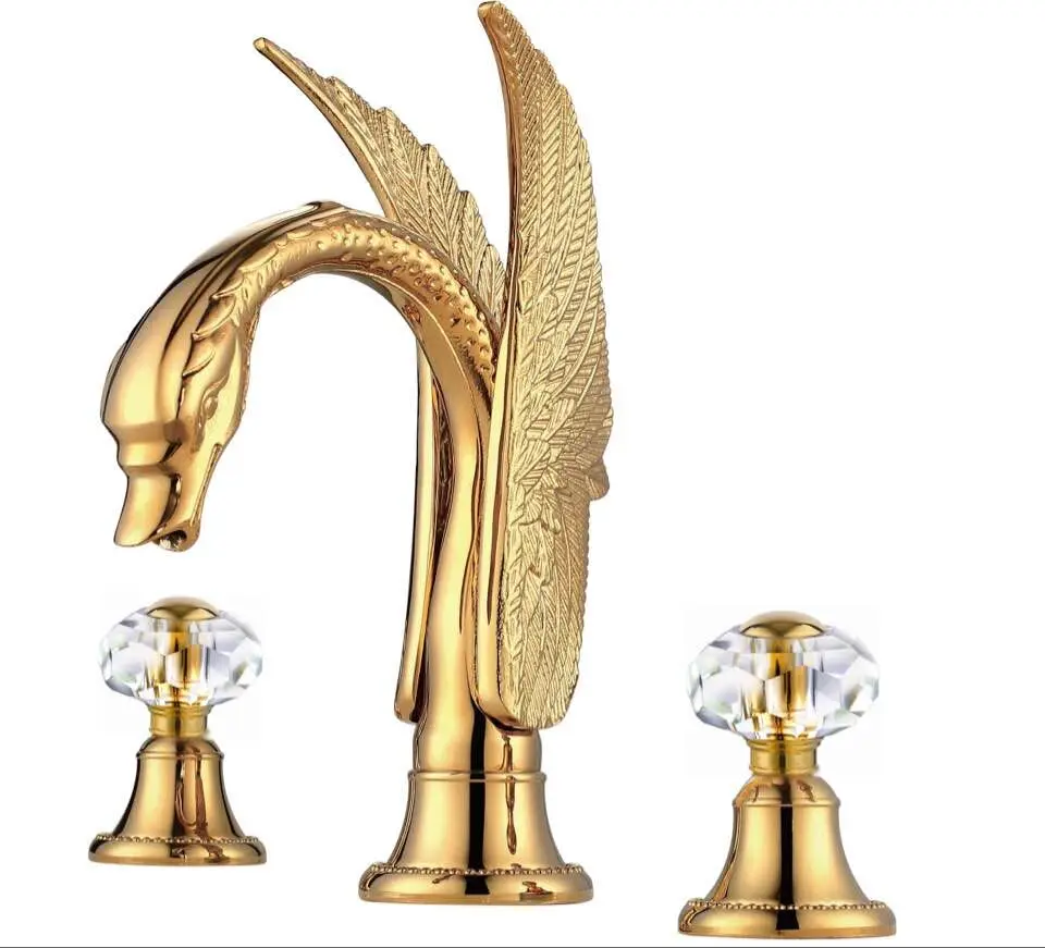 Free ship Gold Pvd Clour 3 Holes swan sink faucet widespread lavatory basin mixer tap New deck mounted crystal handles luxury