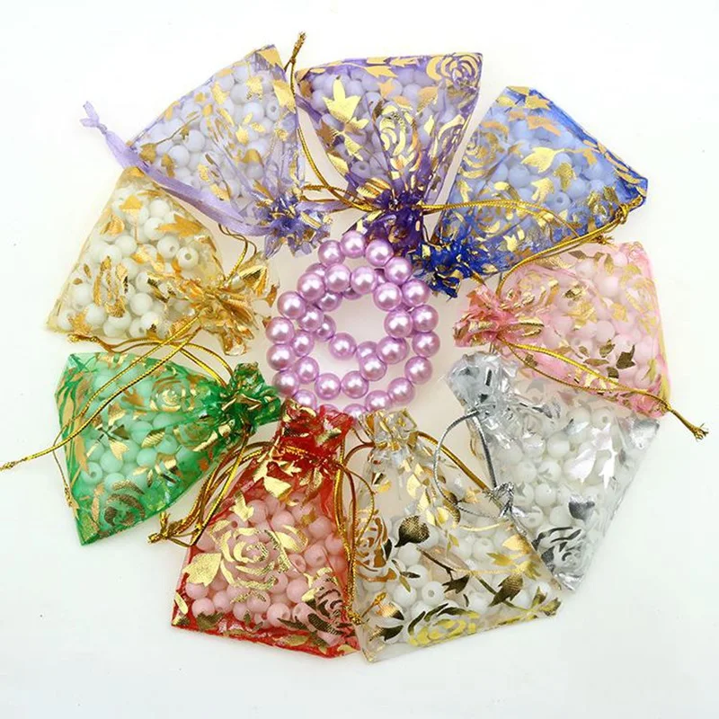 50Pcs/lot 7X9cm 9X12cm 11X16cm 13X18cm Gold Love heart rose Organza bag Wedding voile gift Christmas Bags Jewelry packing