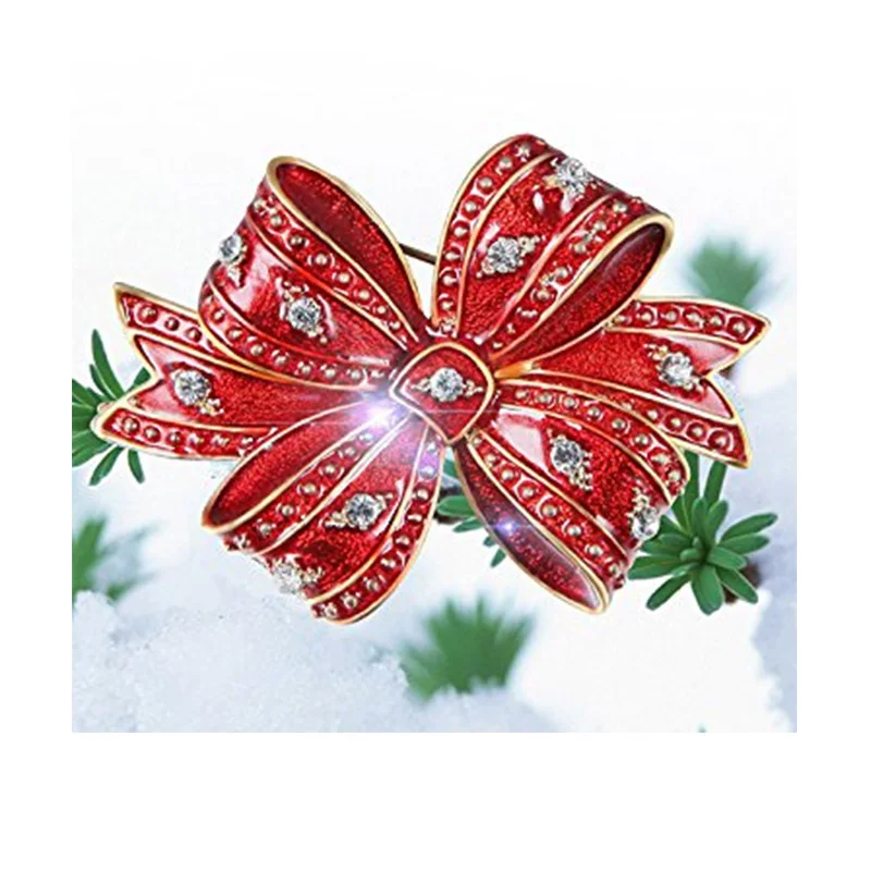 Women Fashionable Creative red enamel Ribbon tie Brooches rhinestone Bow-knot Breast pin Party Jewelry