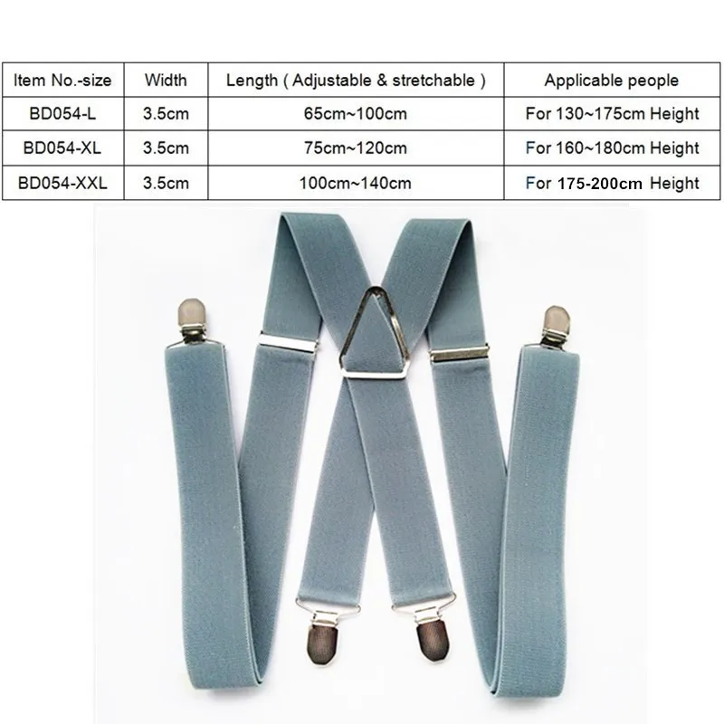 BD054-L XL XXL Size Men Suspender 55 Inch Adjustable Elastic Strap X Back Pants Suspender Women Girls Clips on Braces Light Gray