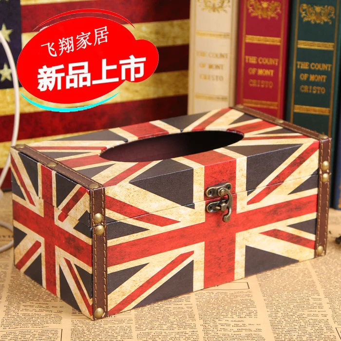 European-style retro British style flag Home Decorations retro wooden storage box tissue boxes decorated wooden carton