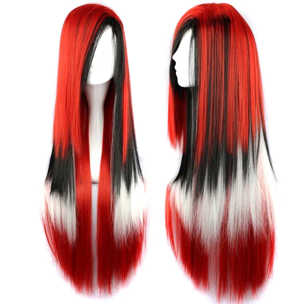 Soowee 28inch Long Synthetic Hair Wigs for Women Heat Resistance Fiber Party Hair Red Black White Rainbow Hair Cosplay Wig