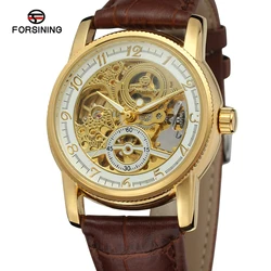 Fashion Forsining Hollow Engraving Skeleton Casual Designer Black Golden Case Gear Bezel  Men Luxury Brand Automatic Wrist Watch