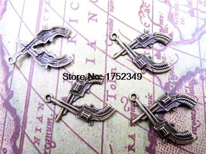 12pcs--Gun Charms, Antique Bronze Double Gun Revolver Handgun Charm pendants 31x24mm